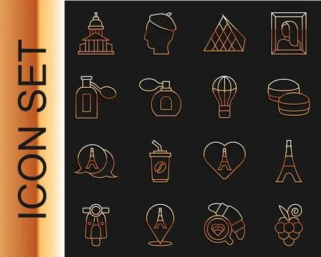 Set line Grape fruit, Eiffel tower, Macaron cookie, Louvre glass pyramid Stock Illustration