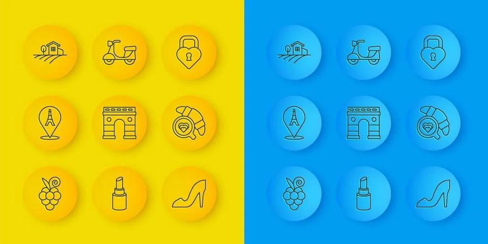 Set line Grape fruit, Eiffel tower, Triumphal Arch, Woman shoe, Coffee cup wi Stock-Illustration