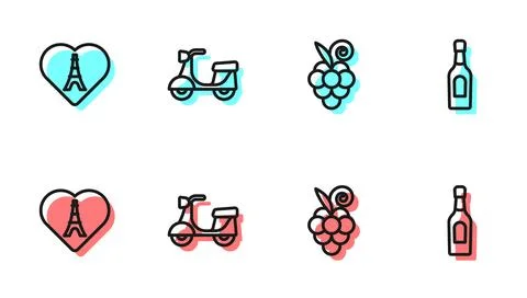 Set line Grape fruit, Eiffel tower with heart, Scooter and Champagne bottle icon Illustrazione stock