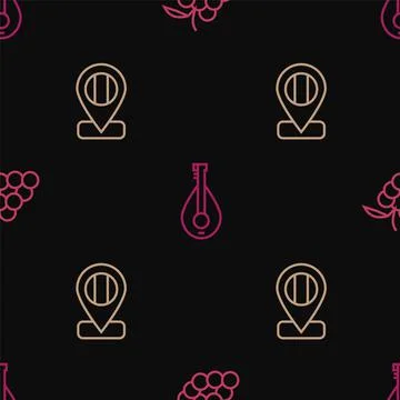 Set line Grape fruit, Location flag Italy and Mandolin on seamless pattern Stock Illustration