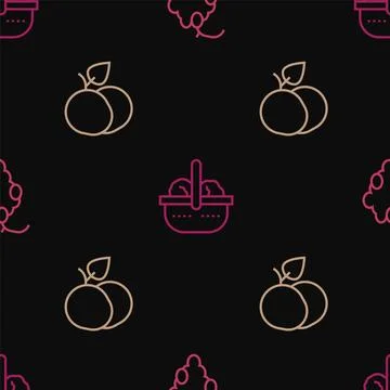 Set line Grape fruit, Mango and Basket and food on seamless pattern. Vector Stock Illustration