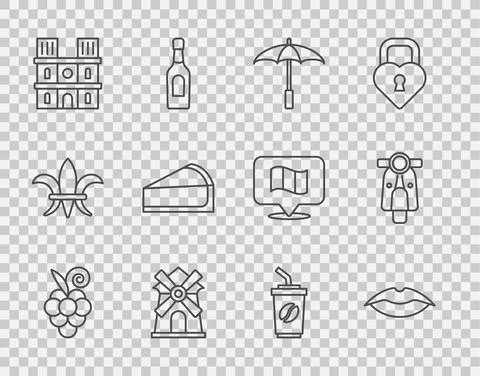Set line Grape fruit, Smiling lips, Umbrella for beach, Windmill, Notre Dame de Stockillustratie