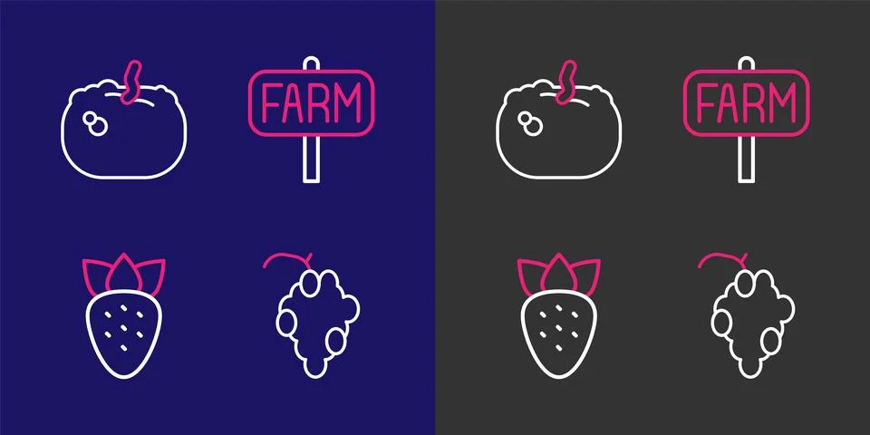 Set line Grape fruit, Strawberry, Location farm and Pumpkin icon. Vector Stock Illustration