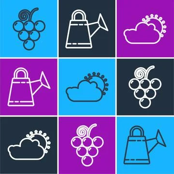 Set line Grape fruit, Sun and cloud weather and Watering can icon. Vector Illustrazione stock
