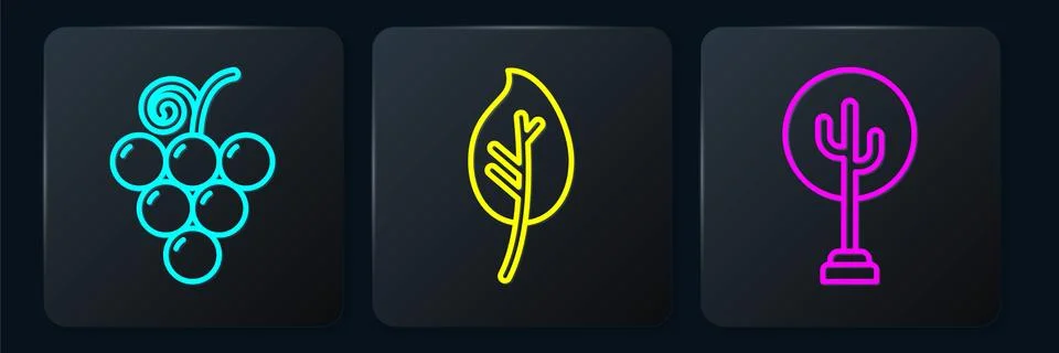 Set line Grape fruit, Tree and Leaf or leaves. Black square button. Vector Illustrazione stock