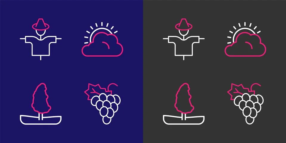 Set line Grape fruit, Tree, Sun and cloud weather and Scarecrow icon. Vector Stock Illustration