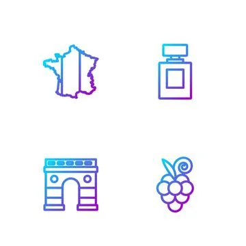 Set line Grape fruit, Triumphal Arch, Map of France and Perfume. Gradient color Stock-Illustration