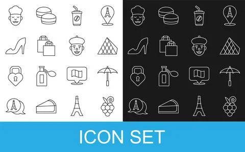 Set line Grape fruit, Umbrella for beach, Louvre glass pyramid, Coffee cup to go 库存插图