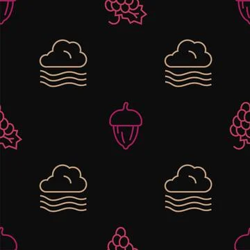 Set line Grape fruit, Windy weather and Acorn on seamless pattern. Vector Stock Illustration
