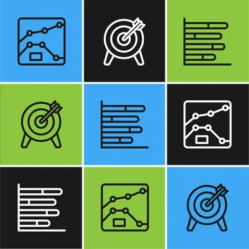 Set line Graph, chart, diagram, Pie infographic and Target icon. Vector Stock Illustration
