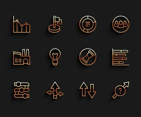 Set line Graph, chart, diagram, Arrow, Pie infographic, Light bulb, and Old Stock Illustration