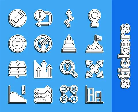 Set line Graph, chart, diagram, Many ways directional arrow, Mountains with flag Stock Illustration