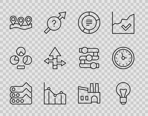 Set line Graph, chart, diagram, Light bulb, Pie infographic, Location, Arrow Stock Illustration