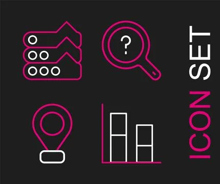 Set line Graph, chart, diagram, Location, Unknown search and icon. Vector Illustrazione stock