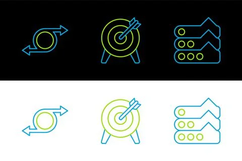 Set line Graph, chart, diagram, Arrow and Target icon. Vector Illustrazione stock