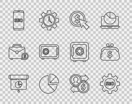 Set line Graph, chart, diagram, infographic, Seo tag with gear wheel, Cursor and Stock-Illustration