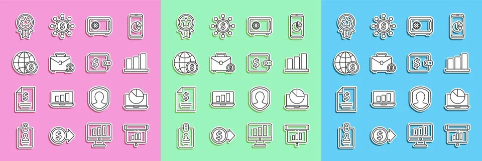 Set line Graph, chart, diagram, infographic, Laptop with, Pie, Safe, Briefc.. Stock-Illustration