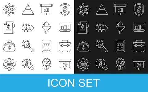 Set line Graph, chart, diagram, infographic, Briefcase, Laptop with, Coin m.. Stock-Illustration
