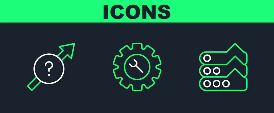 Set line Graph, chart, diagram, Arrow and Wrench and gear icon. Vector Stock Illustration