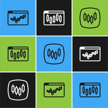 Set line Graph chart infographic, Browser with stocks market and icon. Vector Illustrazione stock