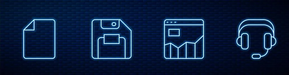 Set line Graph chart infographic, File document, Floppy disk and Headphones Illustrazione stock
