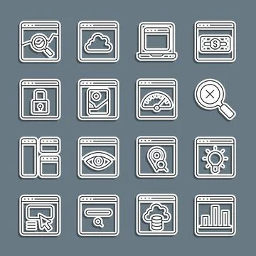 Set line Graph chart infographic, Magnifying glass and delete, Laptop with イラスト素材