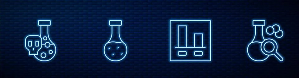 Set line Graph chart infographic, Test tube with toxic liquid, and . Glowing Stock Illustration
