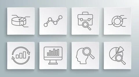 Set line Graph chart infographic, Monitor with, Search people, data analysis Stock Illustration