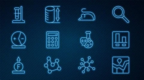 Set line Graph chart infographic, Experimental mouse, Calculator, Atom, Test Stock Illustration