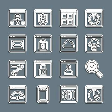 Set line Graph chart infographic, Magnifying glass with check mark, Cloud Stock Illustration