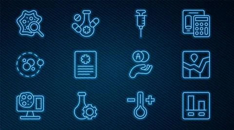 Set line Graph chart infographic, Syringe, Patient record, Atom, Microorganisms Stock Illustration