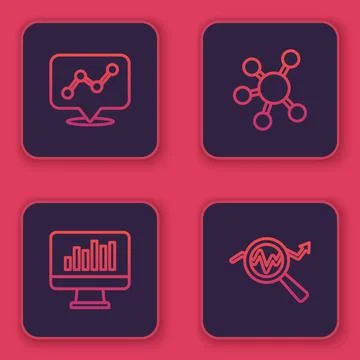 Set line Graph chart infographic, Monitor with, Project team base and Search Illustrazione stock