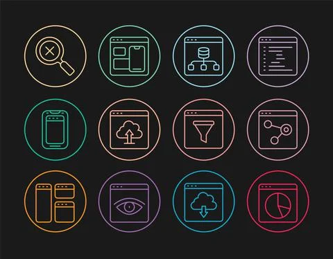Set line Graph chart infographic, Browser window, Server, Data, Cloud upload Illustrazione stock