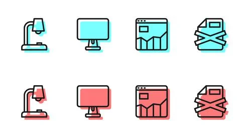 Set line Graph chart infographic, Table lamp, Computer monitor and Delete file イラスト素材