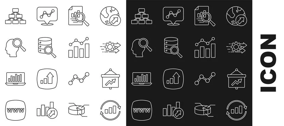 Set line Graph chart infographic, Board with, Time management, Document, Server Stock Illustration
