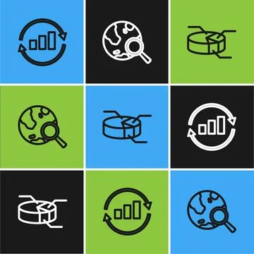 Set line Graph chart infographic, Pie and Search globe icon. Vector Stockillustratie