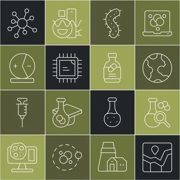 Set line Graph chart infographic, Test tube, Earth globe, Virus, Processor CPU Stock Illustration