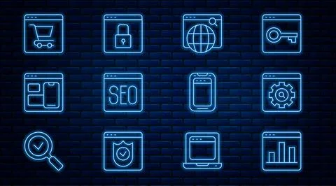 Set line Graph chart infographic, Search engine, SEO optimization, Web developer Stockillustratie