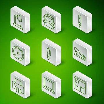 Set line Graph chart infographic, Laptop, Table lamp, Fountain pen nib, Clock Stock Illustration