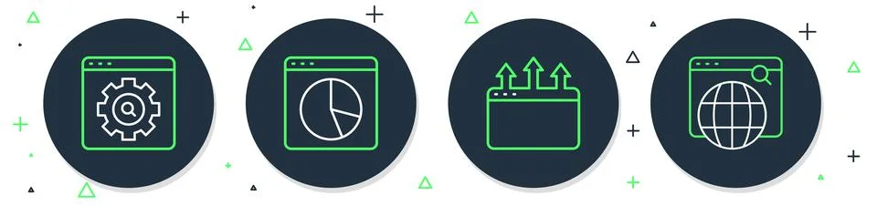 Set line Graph chart infographic, Browser window, setting and Search engine i Stock Illustration