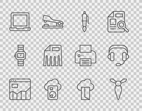 Set line Graph chart infographic, Tie, Fountain pen nib, Cloud database, Laptop Illustrazione stock