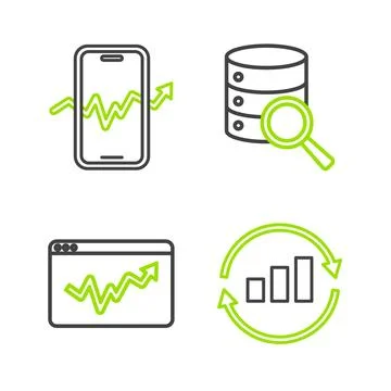 Set line Graph chart infographic, Server and Mobile stock trading icon. Vector Stock Illustration