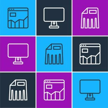 Set line Graph chart infographic, Paper shredder and Computer monitor icon... Illustrazione stock