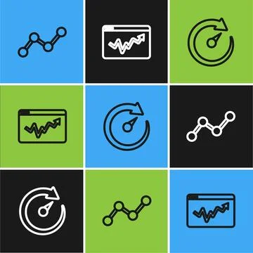 Set line Graph chart infographic, Digital speed meter and icon. Vector Stock Illustration