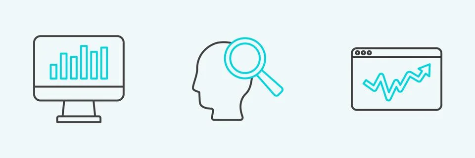 Set line Graph chart infographic, Monitor with and Search people icon. Vector Illustrazione stock