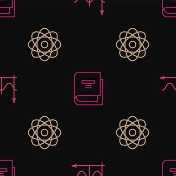 Set line Graph, schedule, chart, diagram, Atom and Book on seamless pattern Illustrazione stock