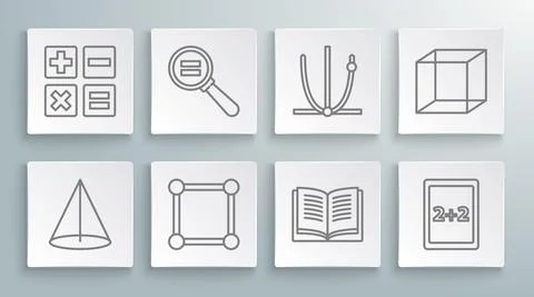 Set line Graph, schedule, chart, diagram, Paper clip, Chalkboard with, Equation Illustrazione stock