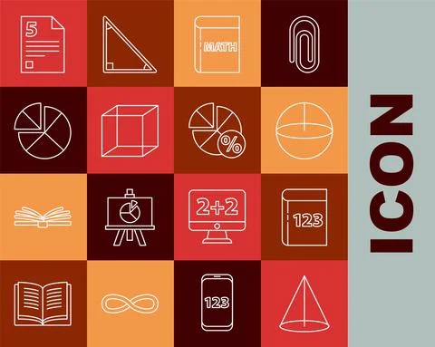 Set line Graph, schedule, chart, diagram, Test or exam sheet and pen, Calculator Stock Illustration