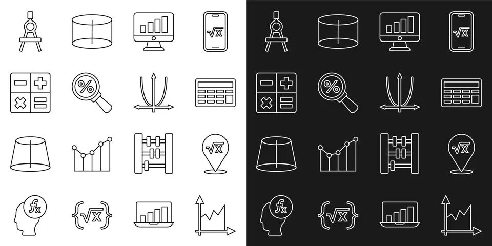 Set line Graph, schedule, chart, diagram, Square root of x glyph, Calculator Illustrazione stock