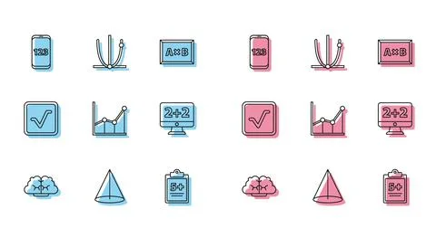 Set line Graph, schedule, chart, diagram, Book with word mathematics Stockillustratie
